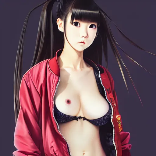 Image similar to a beautiful japanese lalisa alluring gravure model, wearing oversized designer bomber jacket and leotard, bulky poofy bomber jacket with mesoamerican patterns, mesoamerican native street fashion, gapmoe yandere grimdark, trending on pixiv fanbox, painted by greg rutkowski makoto shinkai takashi takeuchi studio ghibli, akihiko yoshida