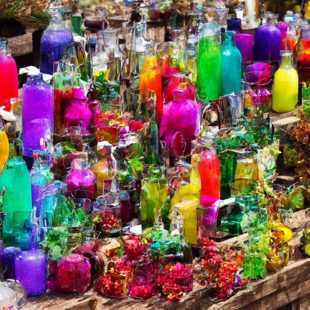 Prompt: colorful potions at the harvest festival, hyper realistic, 8 k