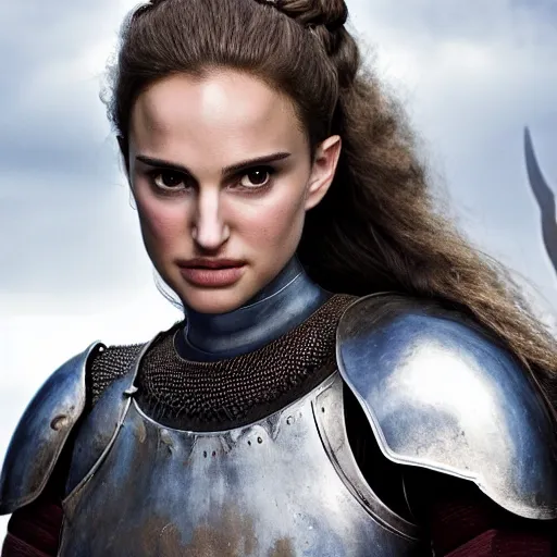 Prompt: head and shoulders portrait of a female knight, young natalie portman, game of thrones, silken blonde hair, determined, greatsword, armored, athletic, vogue fashion photo