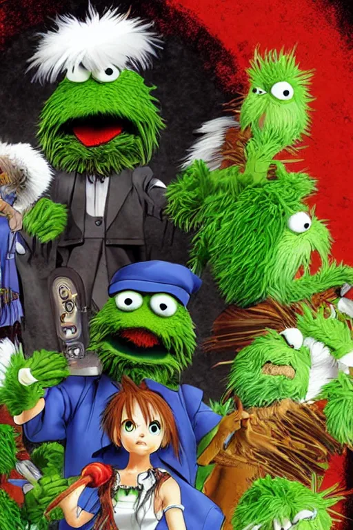 Prompt: “ oscar the grouch on the cover of tales of symphonia ”