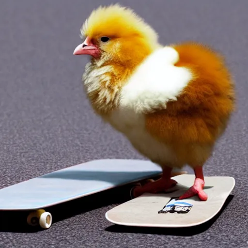 Image similar to fluffy chick on a skateboard, photorealistic