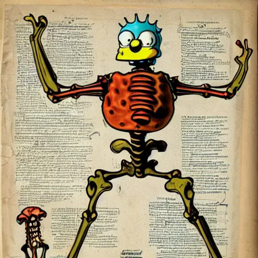 Image similar to vintage, detailed, colored sketch of spongebob anatomy, full body, skeleton, with full descriptions, on parchment