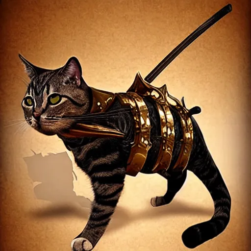 Prompt: cat samurai, full samurai armor, cat warrior, realistic, gold armaments, sword, 4 k, 8 k, hd,