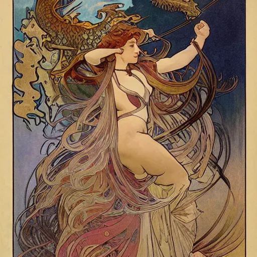 Image similar to woman in full plate armour, lance, flowing hair, fighting a dragon, painted by alphonse mucha