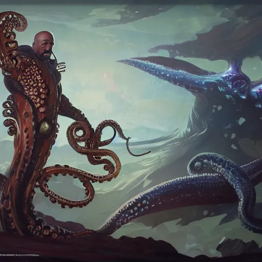 Image similar to steve harvey with tentacle arms and biomechanical squid body, conquering earth, epic battle scene, 8 k, sci - fi fantasy painting, highly detailed, digital painting, artstation, art by artgerm and greg rutkowski and alphonse mucha