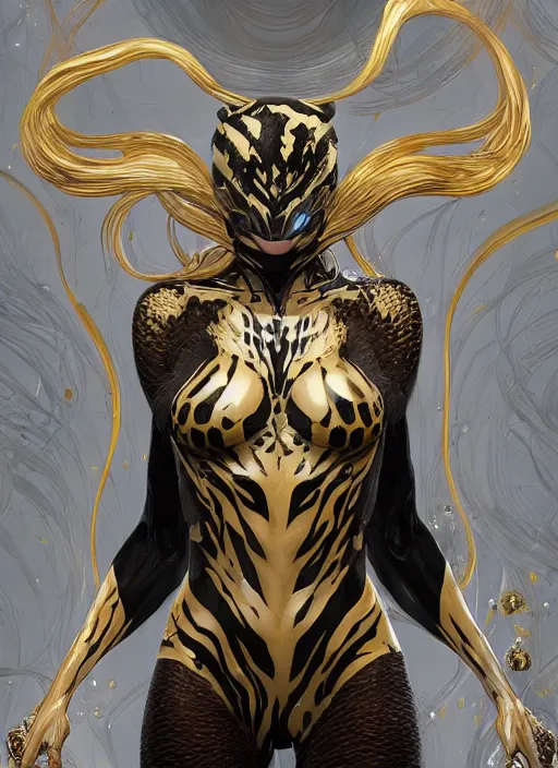 Image similar to female white and gold venom, naturel, hyper detailed, digital art, trending in artstation, cinematic lighting, studio quality, smooth render, unreal engine 5 rendered, octane rendered, art style by klimt and nixeu and ian sprigger and wlop and krenz cushart