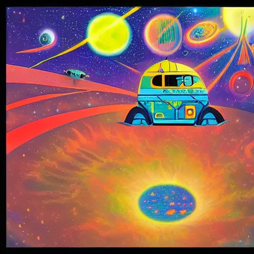 Prompt: a beautiful computer art of a space battle with wild, bright colors. navajo white by nathan spoor, by richard scarry subdued