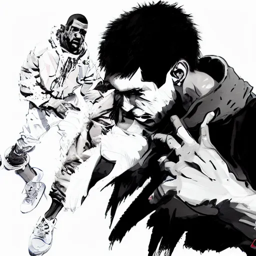 Prompt: An illustration of Kanye West beating up Pete Davidson by Yoji Shinkawa, anime, detailed, ultrarealistic UHD faces, cel-shaded