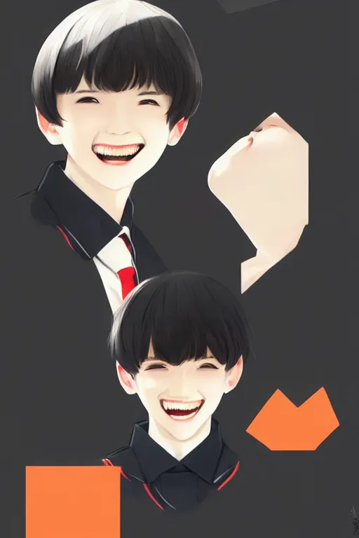 Image similar to a headshot of a very happy yoongi gummy smile - short black hair wearing male school uniform, sharp focus, illustration, morandi color scheme, art station, high detailed, by ilya kuvshinov