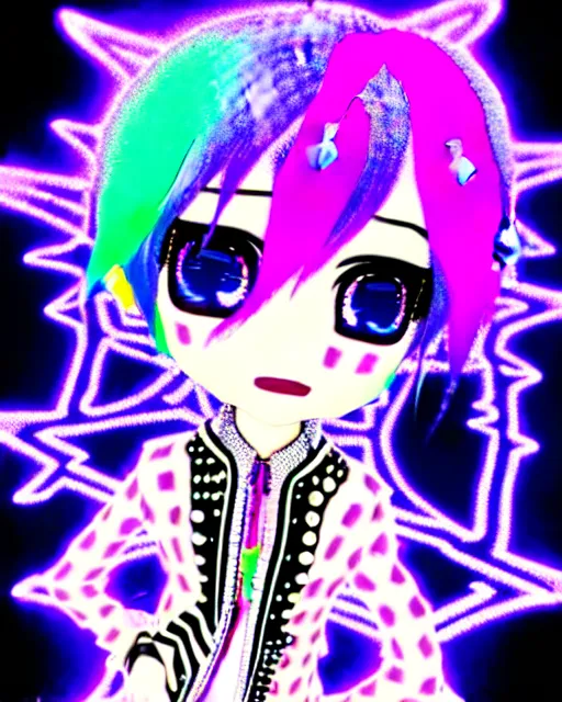 Image similar to a hologram of decora styled yotsuba koiwai wearing a gothic spiked jacket, holography, irridescent, baroque visual kei decora art