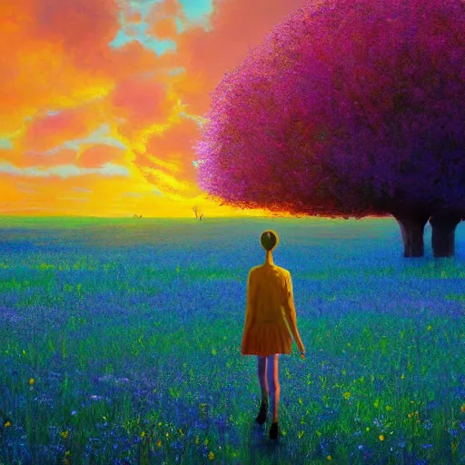 Prompt: closeup, tree of life, girl walking in field of flowers, surreal photography, sunrise, blue sky, dramatic light, impressionist painting, digital painting, artstation, simon stalenhag