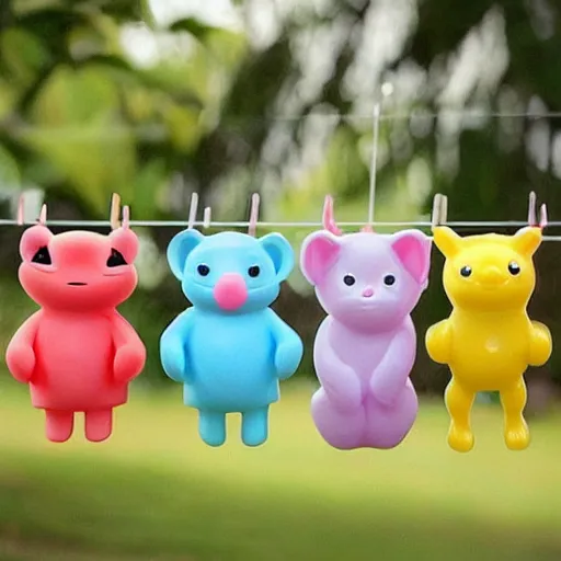 Prompt: some cute plastic toys that look like animal characters hanging laundry in the backyard, pastel colors