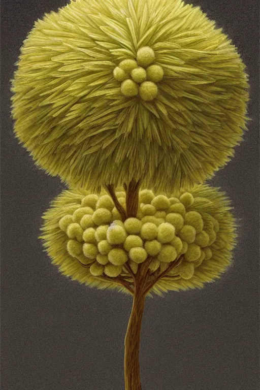 Prompt: a low angle perspective of a pompom tree, digital illustration by chris van allsburg and artgerm, surreal, photorealistic, award winning