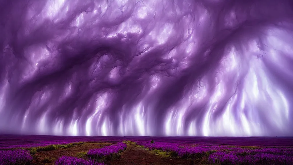 Image similar to amazing landscape photo of purple tornadoes by marc adamus, beautiful dramatic lighting