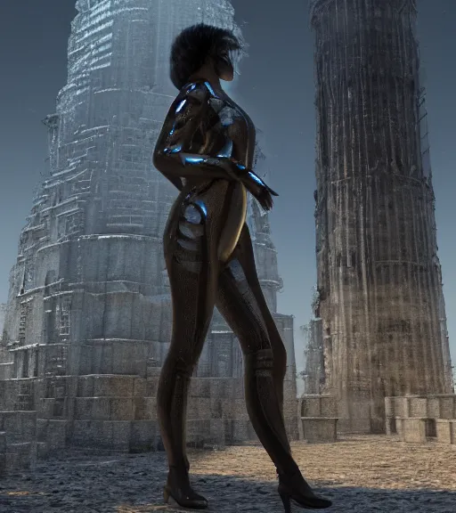 Image similar to tarkovsky greatest scene, the ancient destroyed majestic tower of babylon, a woman near the camera in futuristic cyber clothing, transparent puffer jacket, hyper realistic, blockchain, virtual self, ambient lighting, concept art, intricate, hyper - detailed, smooth, dynamic volumetric lighting, unreal engine 5, ray trace, cinematic, high quality, high resolution, 4 k, cgsociety