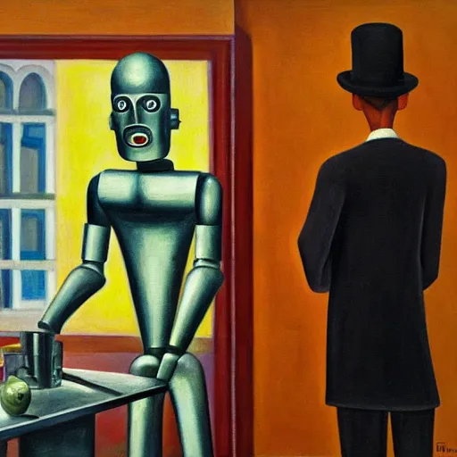 Image similar to judgemental robot butler, dystopian, pj crook, edward hopper, oil on canvas