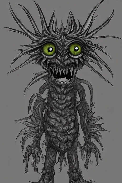 Prompt: a humanoid figure thistle monster with large glowing eyes, highly detailed, digital art, sharp focus, trending on art station, artichoke, anime art style