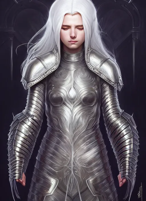 Image similar to light iridescent armor!!! long wild white hair!! covered chest!!! fantasy, d & d, intricate ornate details, digital painting, pretty face!!, symmetry, concept art, sharp focus, illustration, art by artgerm! greg rutkowski magali villeneuve wlop! ilya kuvshinov!!, octane render