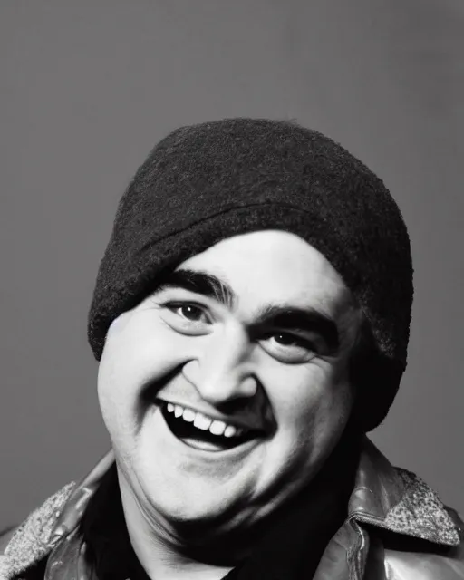 Prompt: headshot of a crazed smiling, mouth ode open, john belushi, he is wearing a leather bomber cap on his head, he is also wearing an a 2 flight jacket, a long white wool scarf is wrapped around his neck, he has a 5 o'clock shadow