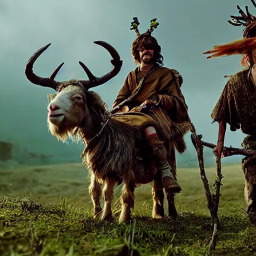 Prompt: troop of hippie tribal hobos wearing twigs and leaves smiling sheepishly, riding tiny scruffy goat with novelty oversized antlers, grassy hills, highly detailed, dramatic lighting, night time, cinematic, hyperrealistic, detailed, movie still from game of thrones