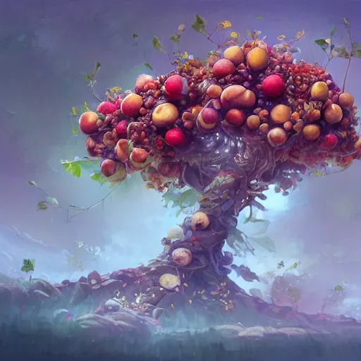 Image similar to tree made of fruits, by wlop, rossdraws, james jean, andrei riabovitchev, marc simonetti, yoshitaka amano, artstation, cgsociety