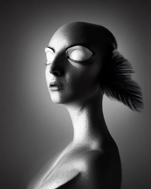 Image similar to surreal mythical dreamy dark artistic black and white fine art photo of a female - orchid - bird - cyborg bust, rim light, cinematic, studio dramatic light, poetic, octane render, 8 k, photo - realistic