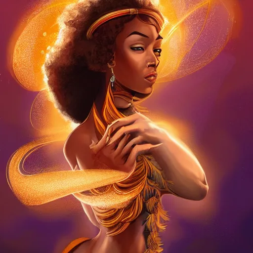 Image similar to a brown skinned woman as a firebender, brown curly hair, elegant, intricate, digital painting, artstation, concept art, smooth, sharp focus, illustration, salvador dali, ancient egypt, art deco, garden, diamonds