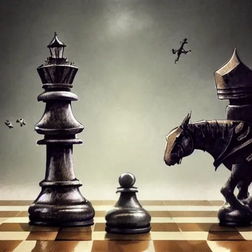 Image similar to two chess pieces fighting, the knight and the bishop on a wood chess board , fantasy art, in the style of greg rutkowski, illustration, epic, fantasy, intricate, hyper detailed, artstation, concept art, smooth, sharp focus, ray tracing