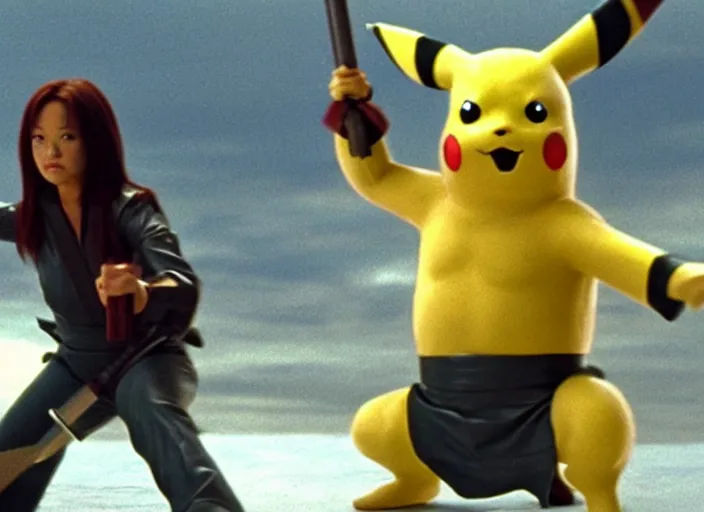 Prompt: film still pikachu with katana in kill bill by tarantino, action scene, 8 k