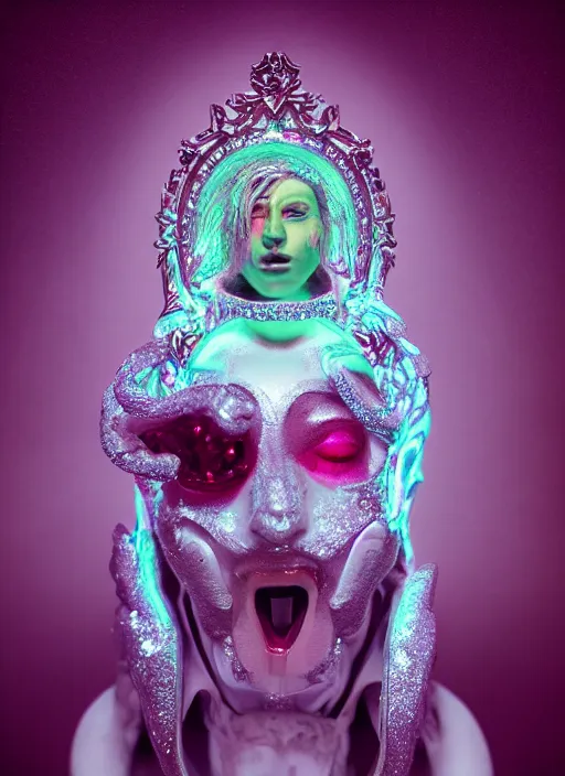 Prompt: photo of baroque and bladerunner delicate neon diamond sculpture of ceramic albino king santiago cabrera seductive delicious tongue sticking out, creamy pink iridescent humanoid deity wearing red furry hoody holding diamond skull in a green metallic dungeon, reclining, glowing rainbow face, crown of white diamonds, cinematic lighting, photorealistic, octane render 8 k depth of field 3 d