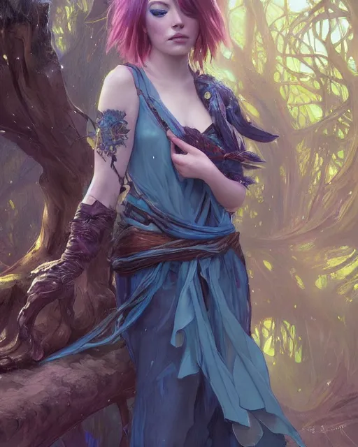 Prompt: stunningly beautiful female blue hair, emma stone face, antasy art, fae priestess, lush forest landscape, dark light night, sharp focus, digital painting, 8 k, concept art, art by wlop, artgerm, greg rutkowski and alphonse mucha