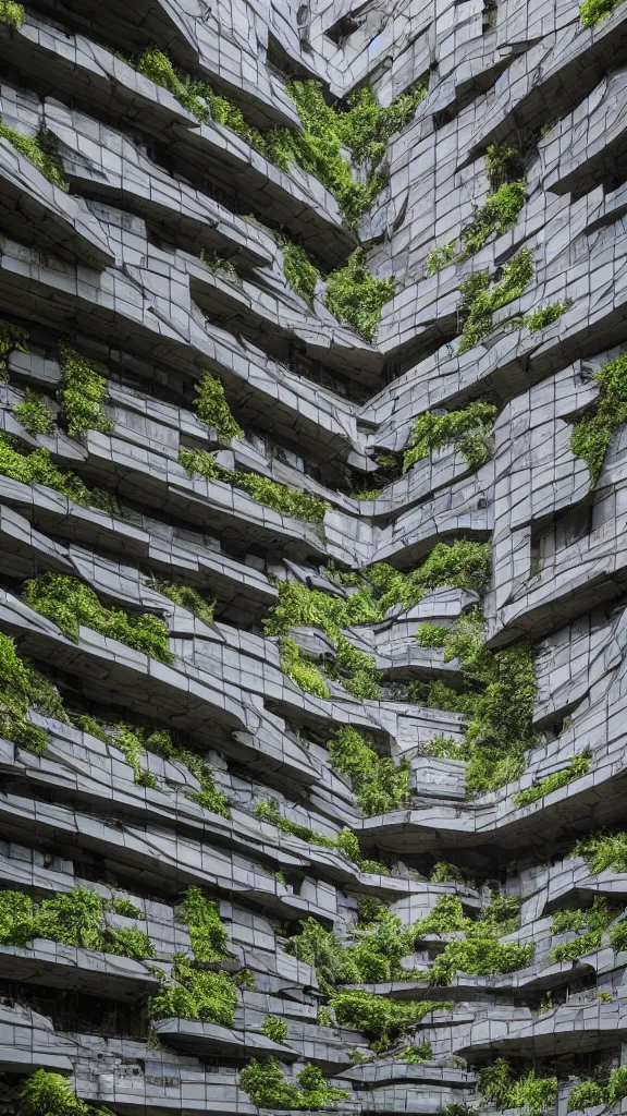Prompt: photo in style of andreas gursky and piranesi. biopunk timber futuristic building in a urban setting. hyper realistic. cloudy morning. mossy buildings have deep tall balconies with plants, trees, and 1 0 men and women in bright clothing. thin random columns, large windows, deep overhangs. greeble. 8 k, volumetric lighting.