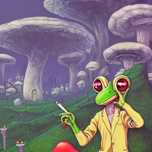 Image similar to A centered chest up portrait of a psychedelic godlike anthropomorphic frog smoking a hand-rolled cigarette , magic mushroom village in background . award winning. superb resolution. in the art style of junji Ito and greg rutkowski . Detailed Mushroom city in background. Hyper realistic anime. Perfect art. Dalle2