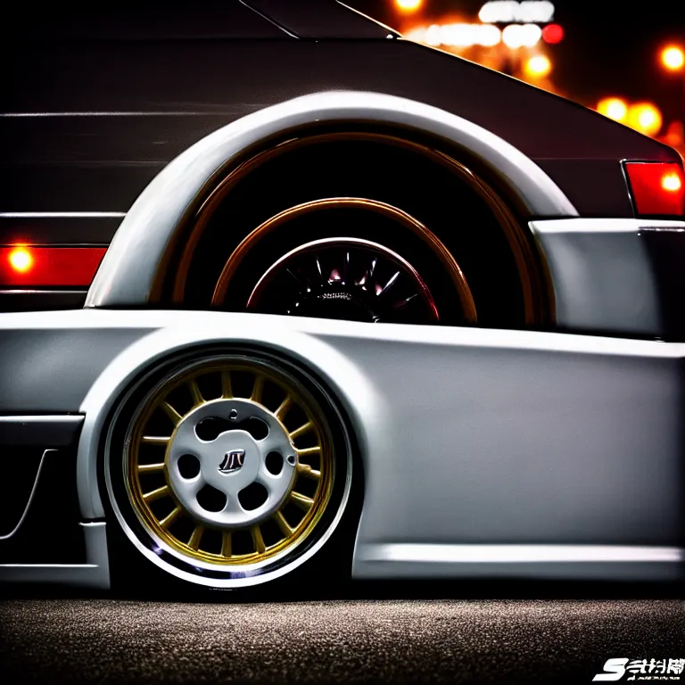 Image similar to close-up-photo JZX100 turbo illegal night meet, work-wheels, Shibuya shibuya, roadside, cinematic color, photorealistic, deep dish wheels, highly detailed, custom headlights