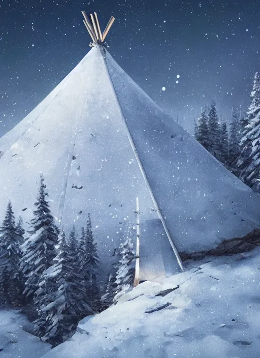 Image similar to an abandoned teepee on the top of a snowy mountain, waxing moon, greg rutkowski, 8 k, shallow depth of field, intricate detail, concept art,