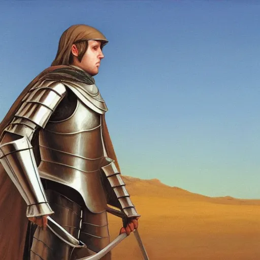 Prompt: male knight in the middle of a desert, gerald brom