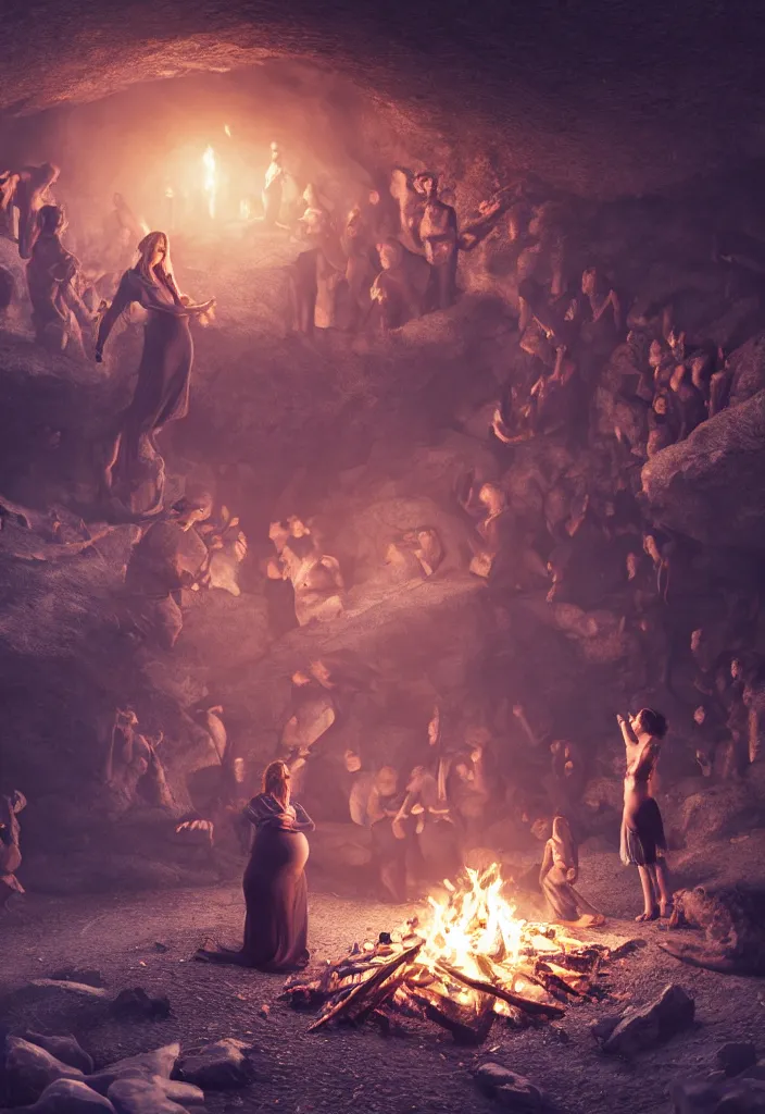 Prompt: epic leader pregnant woman talking to all her tribe around a bonfire, proud people looking at the pregnant woman, ice cave, facinating, fantasy digital art, octane render, beautiful composition, trending on artstation, award - winning photograph, masterpiece
