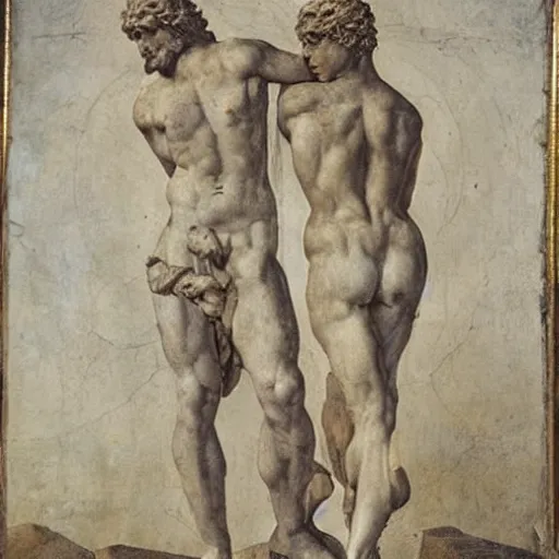 Image similar to two men, forbidden love, seperated by a deity, on one side is light on the other is darkness, body type is michelangelo's david in a renaissance style - h 9 0 0