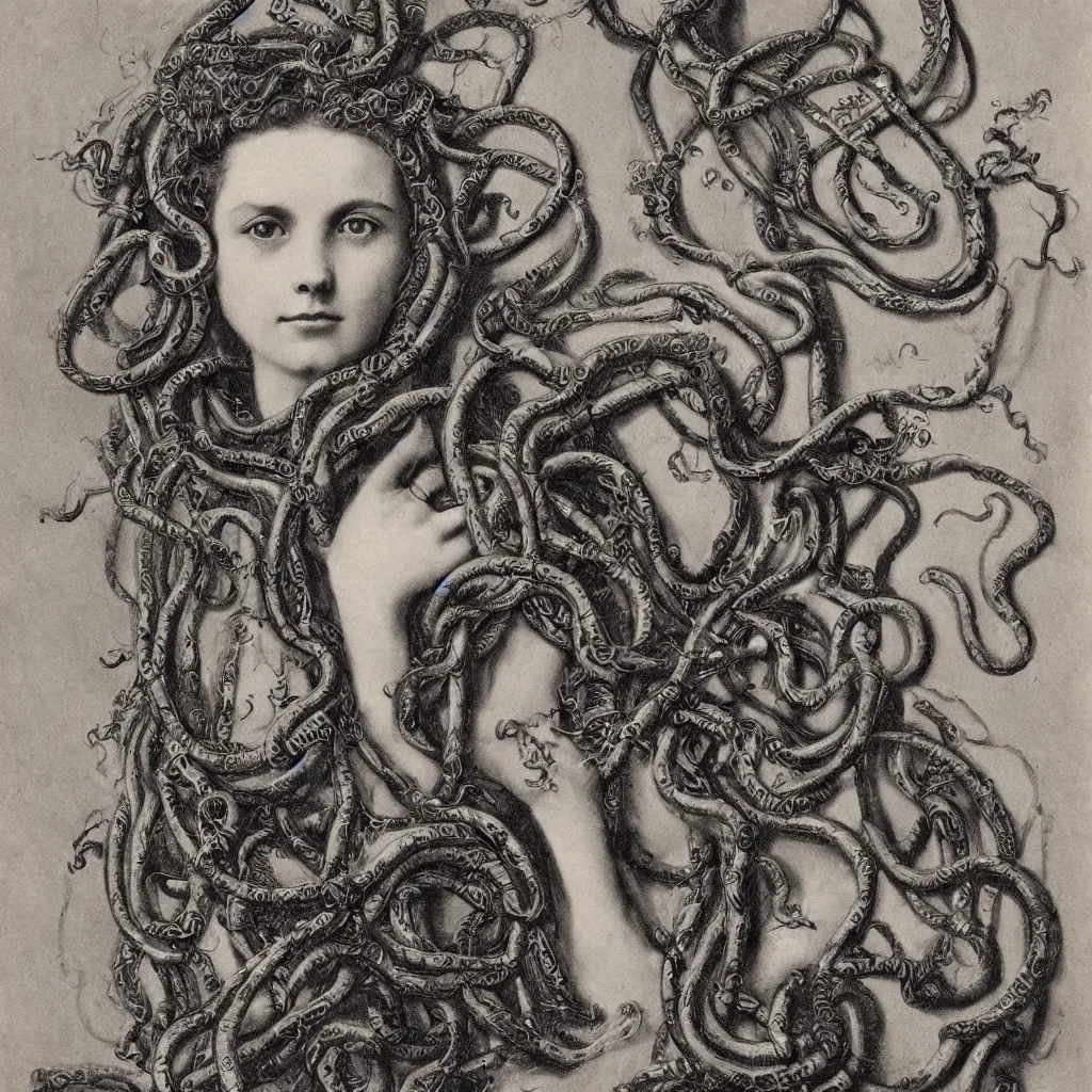 Prompt: a victorian age realistic photo of a girl like Medusa with intricate ornament snakes like hair, dagherrotype, wallpaper, hyper realistic, hyper detailed