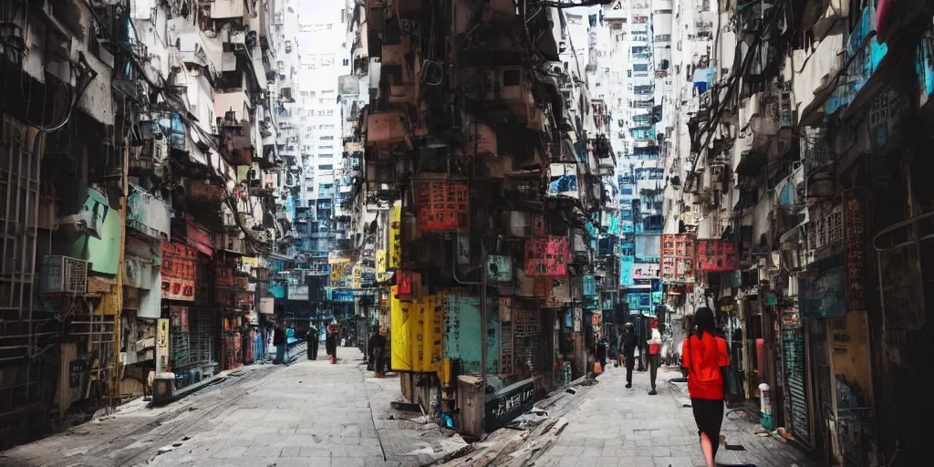 Prompt: a cyberpunk hong kong alley with robots and humans walking around by seerlight