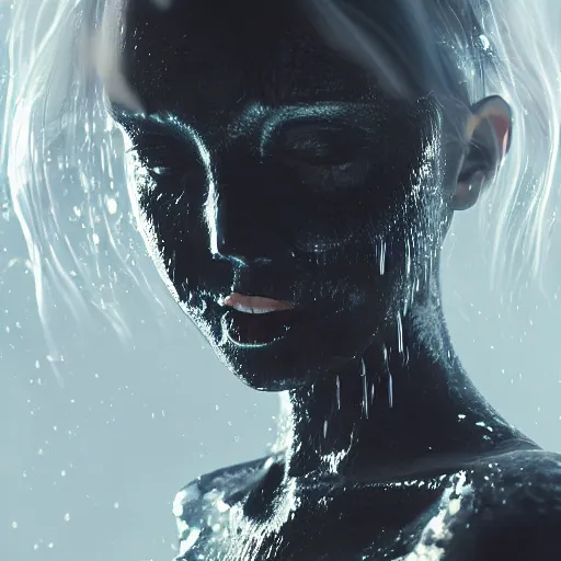 Prompt: beautiful dark carbon princess kissing emerging from melting dark liquid, translucent, in black water, steam and fog, glossy reflections, refractions, rim light, elegant, analog photography, depth of field, glints, glows, cgi, raytracing, octane render, prometheus, alien, blade runner, akira, matrix, hyperrealistic _ _ _