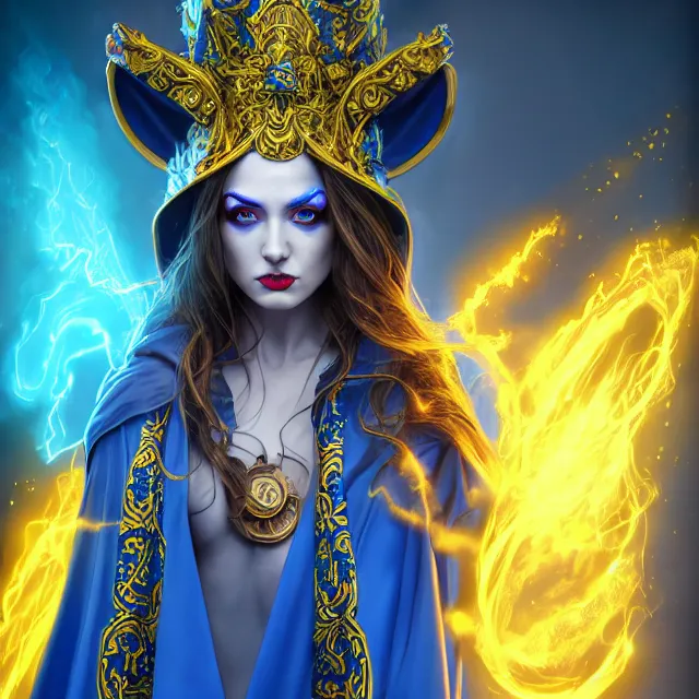 Prompt: beautiful elemental electric witch with ornate blue andyellow robes and staff, highly detailed, 4 k, hdr, smooth, sharp focus, high resolution, award - winning photo, artgerm, photorealistic