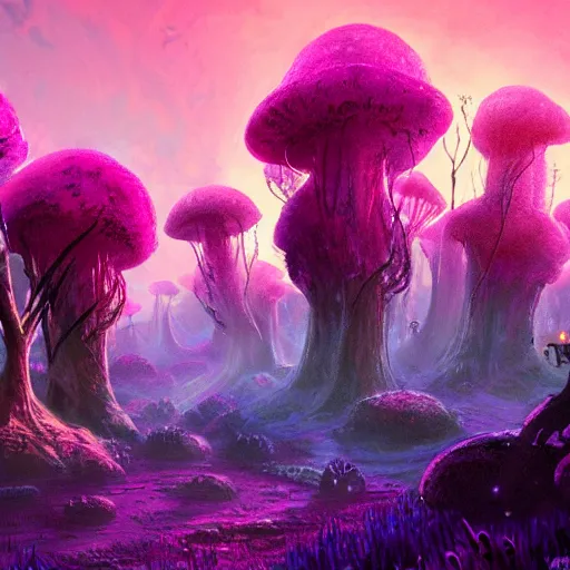 Prompt: concept art painting of a fantasy alien fungal landscape at night, magenta trees, glowing blue mushrooms, village of houses made of mushrooms, dark purple sky, realistic, detailed, cel shaded, in the style of makoto shinkai and greg rutkowski and albert bierstadt and james gurney