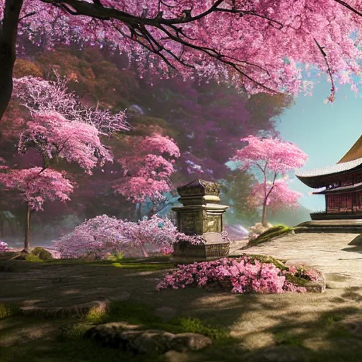Image similar to Temple under Sakura Trees, photorealistic, hyper detailed, 8k, beautiful artwork, fantastic landscape, magical fairy landscape, volumetric lighting, octane render