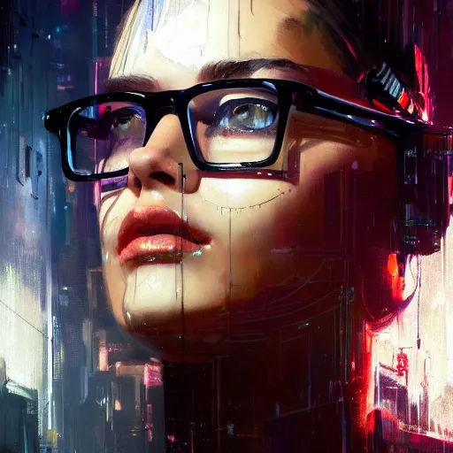 Prompt: portrait of a beautiful girl, cyberpunk, intimate, high quality, assurance purposes, city, beautiful face, glasses, spotlight,, passionate, by greg rutkowski, by jeremy mann, by francoise nielly,, 4 k, 8 k, correct body proportion