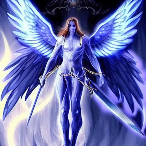 Image similar to « beautiful, divin archangel, with a sword, beautiful wings, glowing lights, detailed »