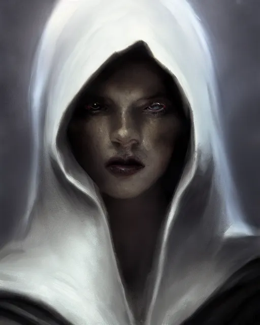 Prompt: closeup portrait, beautiful woman dark lord of the sith wearing a black hooded jedi cloak, white skin, dark eyes, craig mullins, rim light, volumetric lighting, concept art, smooth, sharp focus, arney freytag, glamour pose, soft ambient lighting, octane, iso 4 0 0, 6 2 mm,