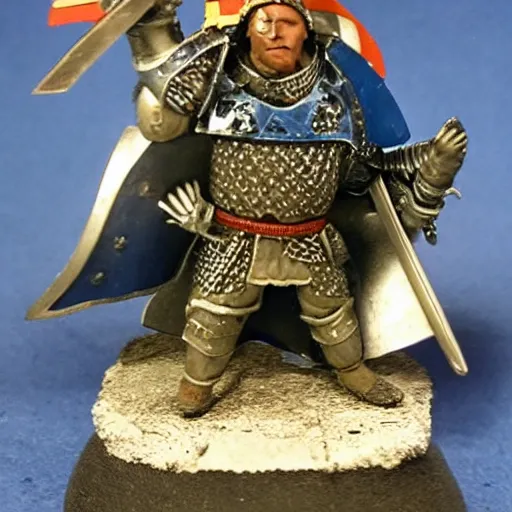 Prompt: bjorn of backwater - honorable knight of francia, standing with his blue shield at the ready and a short sword in his hand