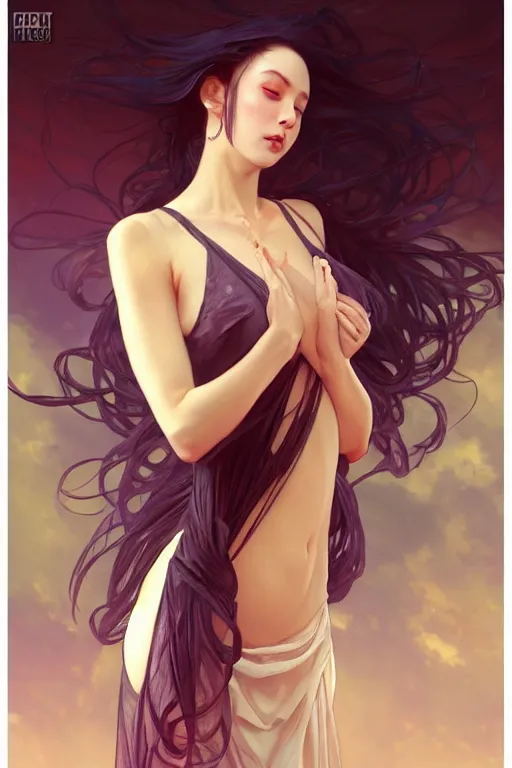 Prompt: 3 / 4 portrait dancing in the sunset a seductive meditation goddess in the style of artgerm, wlop, greg rutkowski, alphonse mucha and ayami kojima, realistic details, volumetric lighting, very very very very beautiful symmetrical face, trending on artstation, artstationhd, artstationhq, unreal engine, 4 k, 8 k