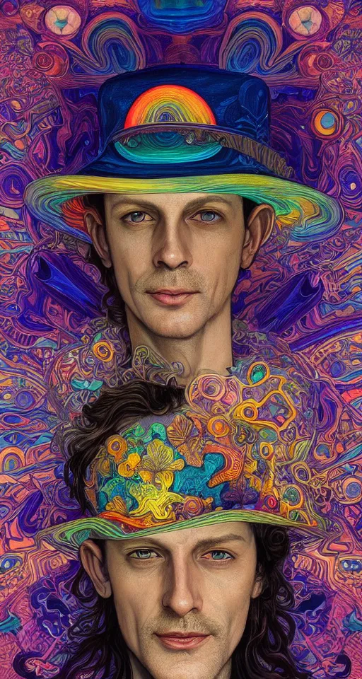 Image similar to An extremely psychedelic celestial smiling Larry Harvey white fedora hat, colorful, surreal, dramatic lighting, magic mushrooms, psilocybin, LSD, detailed, intricate, elegant, highly detailed, digital painting, artstation, concept art, smooth, sharp focus, illustration, art by Krenz Cushart and Artem Demura and alphonse mucha